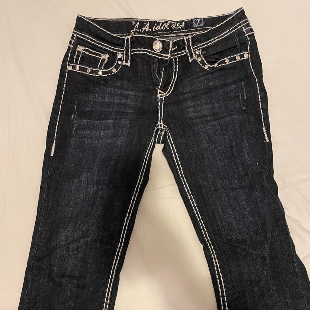 Y2K Bedazzled Low Rise Dark Wash Jeans. LA Idol Rhinestone Bling Cross Capri